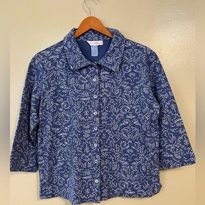 Fresh Produce Womens Blue Boho 100% Cotton Button Up Shirt 3/4 Sleeve M